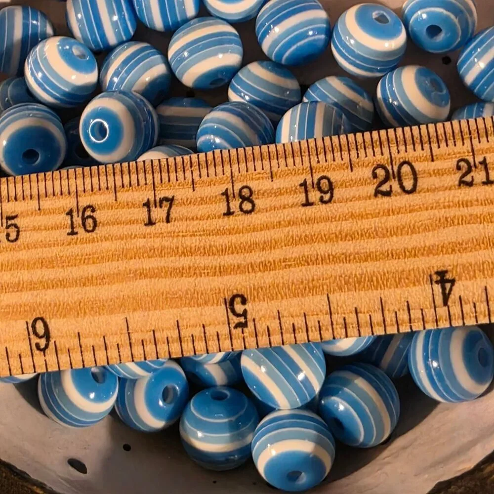 Vintage 70s Lucite Acrylic Striped 12mm Round Blue White Beads 10 pcs